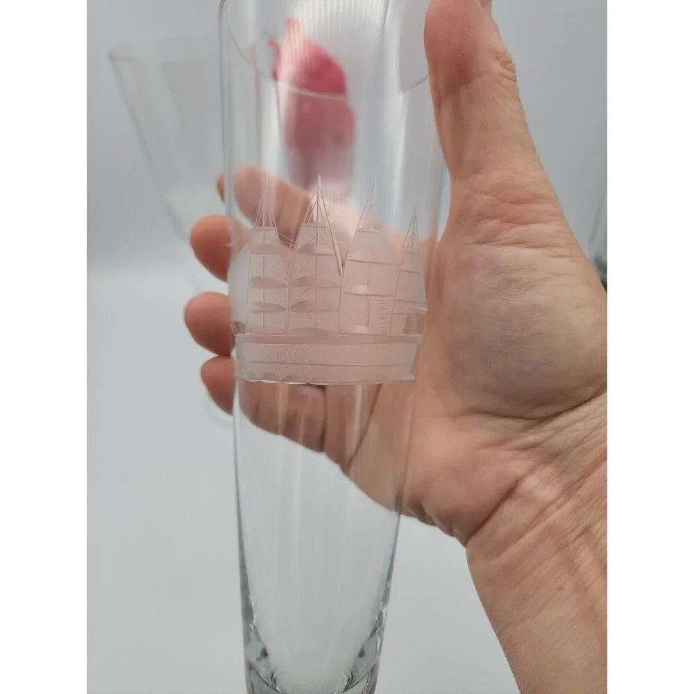 VTG Crystal Etched Pilsner Glasses Clipper Sailing Ship 10 1/8